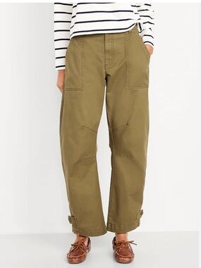 OLD NAVY Mid-Rise Twill Barrel Pants 4 Petite Moss Green Satin Relaxed